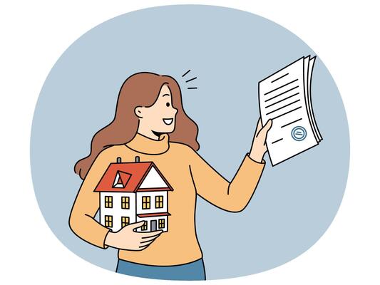Woman realtor helps people in purchasing real estate and holds mortgage contract and model of house