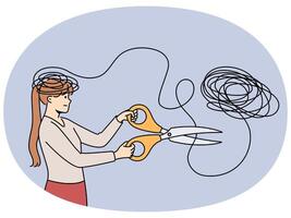 Woman gets rid mental problems by cutting off tangled threads coming from head with large scissors vector