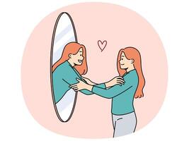 Woman hugs own reflection in mirror demonstrating narcissism and high self-esteem vector