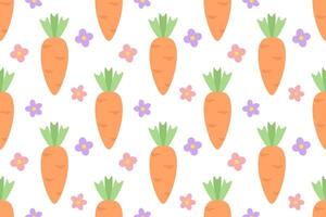 Seamless colorful pattern with carrots and pink and purple flowers.Simple flat style on white. Ideal for wrapping paper, children's textile, gardening, farming, Easter and healthy lifestyle themes vector