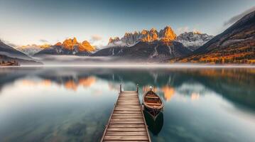 A boat is docked on a dock in front of mountains photo