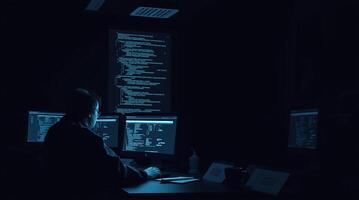 A man sitting at a desk in front of two computer screens photo