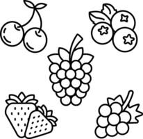 Black line art Berry icon set for design. illustration. cherry, strawberry, grape, blueberry, raspberry, design element vector