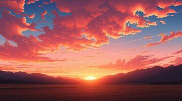 A sunset over a field with mountains in the background photo