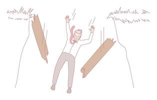Dramatic and intense scene featuring a character facing peril under falling logs in a forest vector