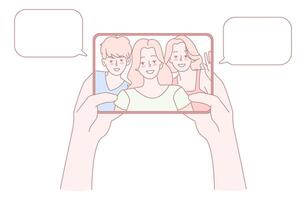 A group of friends joyfully taking a selfie together with their smartphone during a fun moment vector