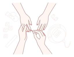 Hands Engaged in the Detailed Nail Care Process Utilizing Various Tools and Accessories vector