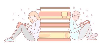 Enthusiasts of reading are often found surrounded by a wide variety of books they love vector