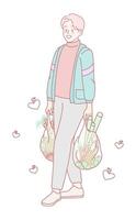 A Stylish Shopper is Happily Carrying Groceries While Using EcoFriendly Bags in a Cartoonish Style vector