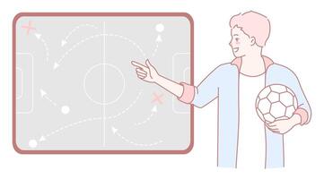 A Soccer Coach is skillfully illustrating tactics on a board while holding a ball in hand vector
