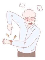 A Frustrated Man Checking the Time on His Smartwatch, Displaying Emotion and Concern vector