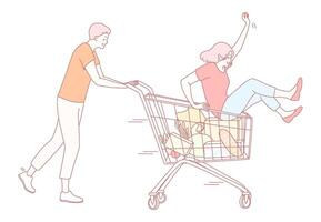 Embark on a Fun Shopping Cart Ride Adventure with Close Friends for a Joyful Day vector