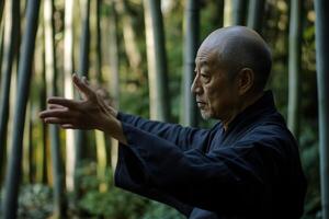 An older man in black is doing a martial move photo