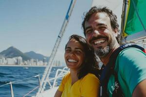 A couple on a sailboat in the ocean photo