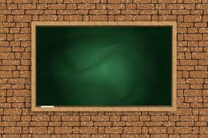 A green chalkboard with a wooden frame is mounted on a brown brick wall. vector