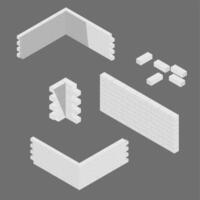 Isometric illustrations of white brick walls on a gray background vector