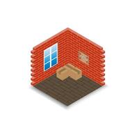 Isometric illustration of a small room corner featuring two red brick walls and a tiled floor vector