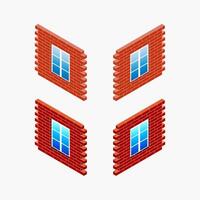 Isometric illustration of three separate brick wall sections with windows vector