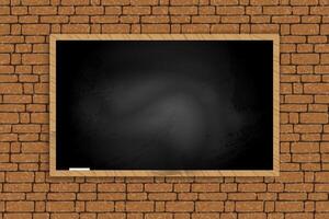 A dark chalkboard with a wooden frame is mounted on a brown brick wall. vector