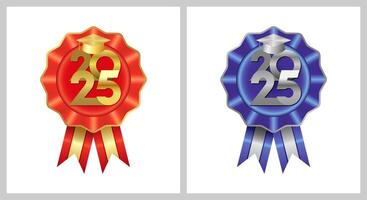 Set of cute badges with red and blue ribbons and golden and silver elements. First and second place celebration. 3D icons or medals. Isolated design. vector