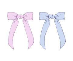 Satin fabric bow, narrow with long twisted ribbons. Graphic sketch illustration hand drawn line art, outline in blue and pink. Single isolated element EPS, for decoration vector