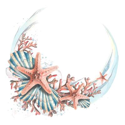 A semicircular frame with sea corals, seashells, starfish and waves of water. Watercolor illustration. For registration and design of certificates, posters, postcards, ads, logos, beach accessories.