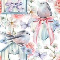 Titmouse birds with a wooden birdhouse and a heart, with flowers and bows, a butterfly. Watercolor illustration hand-drawn in soft pastel colors. Seamless pattern infinitely repeating ornament vector