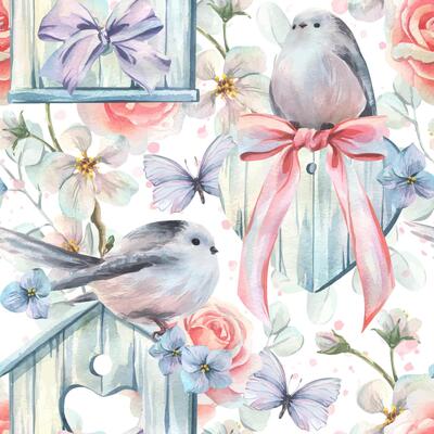 Titmouse birds with a wooden birdhouse and a heart, with flowers and bows, a butterfly. Watercolor illustration hand-drawn in soft pastel colors. Seamless pattern infinitely repeating ornament