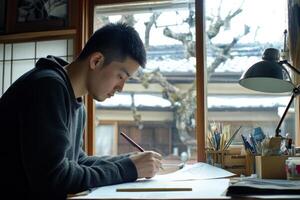 A man is writing in a notebook while sitting at a desk photo