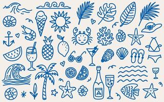 Set of hand-drawn summer doodles in blue line-art style. The elements of waves, palm, seashells, coral, crab, a shrimp, and a variety of beach and vacation-related symbols. Trendy design in ink style vector