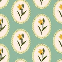 Seamless floral pattern with daffodil flowers in a round frame on green background. Coquette pattern with hand-drawn summer flowers. Perfect for fabric design, wallpapers, stationery, wrapping paper. vector
