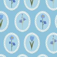 Seamless floral pattern with blue flowers in a round frame on blue background. Coquette pattern with hand-drawn summer flowers. Perfect for fabric design, wallpapers, stationery, wrapping paper. vector