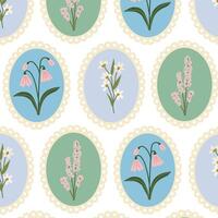 Seamless floral pattern with spring flowers in a round frame on white background. Coquette pattern with hand-drawn summer flowers. Perfect for fabric design, wallpapers, stationery, wrapping paper. vector