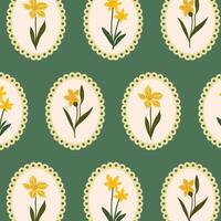 Seamless floral pattern with daffodils flowers in a round frame on green background. Coquette pattern with hand-drawn summer flowers. Perfect for fabric design, wallpapers, stationery, wrapping paper. vector