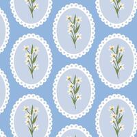 Seamless floral pattern with white flowers in a round frame on blue background. Coquette pattern with hand-drawn summer flowers. Perfect for fabric design, wallpapers, stationery, wrapping paper. vector