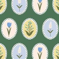 Seamless floral pattern with flowers in a round frame on green background. Coquette pattern with hand-drawn summer flowers. Perfect for fabric design, wallpapers, stationery, wrapping paper. vector