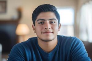 A young man is smiling while sitting at a table photo