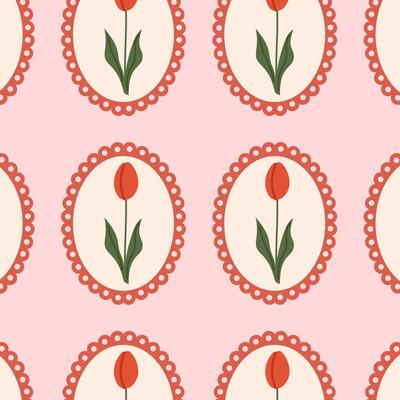 Seamless floral pattern with tulips flowers in a round frame on pink background. Coquette pattern with hand-drawn summer flowers. Perfect for fabric design, wallpapers, stationery, wrapping paper.