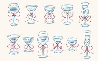Set of different glasses in blue linear style. Hand drawn glasses with bows. Ideal for menu design, weddings, cards. Trendy ink style design vector