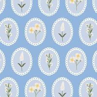 Seamless floral pattern with spring flowers in a round frame on blue background. Coquette pattern with hand-drawn summer flowers. Perfect for fabric design, wallpapers, stationery, wrapping paper. vector