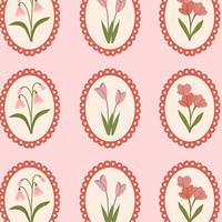 Seamless floral pattern with spring flowers in a round frame on pink background. Coquette pattern with hand-drawn summer flowers. Perfect for fabric design, wallpapers, stationery, wrapping paper. vector