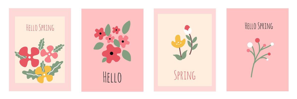 Set of hello spring editable greeting card. Vintage spring set of cute posters in pink background. Hand drawn frames with lovely flowers, leaves, tulip. Template for holiday cover and banner.