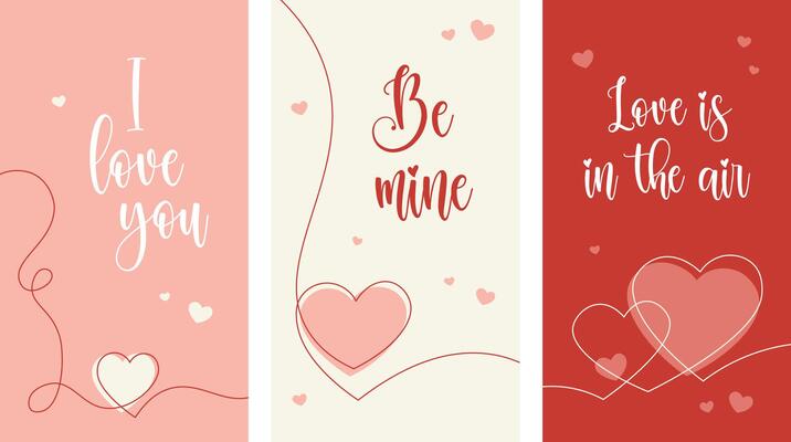 Valentine's day backgrounds with lettering and hearts in continues one line drawing style. Vertical social media banner, love concept for stories, reels, flyer advertisement sale design
