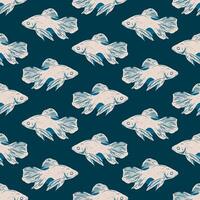 Vintage White Betta Fish on Deep Blue Ocean Pattern. Hand-drawn white betta fish with flowing fins on a deep blue background vintage marine-inspired pattern, perfect for ocean and aquatic themes. vector