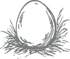 Vintage Easter egg in grass monochrome hand drawn illustration holiday festive engraving rustic artwork greeting card coloring book simple natural traditional organic vector
