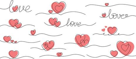 One line drawing heart collection. Hearts continuous one line draw illustration set. Red love symbols on transparent background. Banner for valentine's day. Abstract hearts. Editable vector