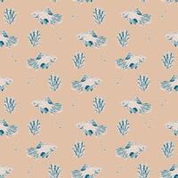 Vintage Blue Betta Fish and Seaweed on Beige Pattern. Hand-drawn betta fish and seaweed in blue on a beige background create a vintage aquatic-inspired pattern, perfect for coastal and ocean themes. vector