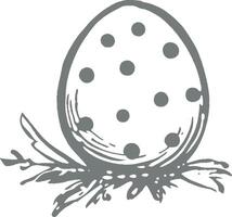 Vintage monochrome illustration of polka dot Easter egg resting on nest with leaves festive spring holiday decoration hand drawn sketch retro engraving style isolated on white background vector