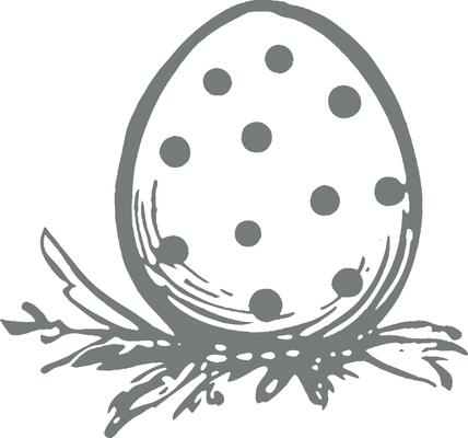 Vintage monochrome illustration of polka dot Easter egg resting on nest with leaves festive spring holiday decoration hand drawn sketch retro engraving style isolated on white background