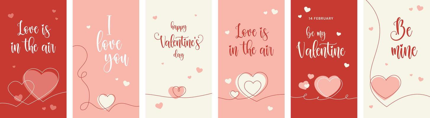 Set Vertical Valentine's day backgrounds with lettering and hearts in continues one line drawing style. Vertical social media banner, love concept for stories, reels, flyer advertisement sale design